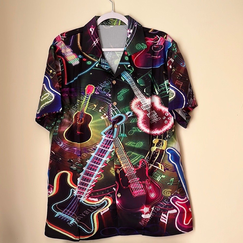 Mens All Over Printed Electrifying Guitar Button Down Short Sleeve Shirt